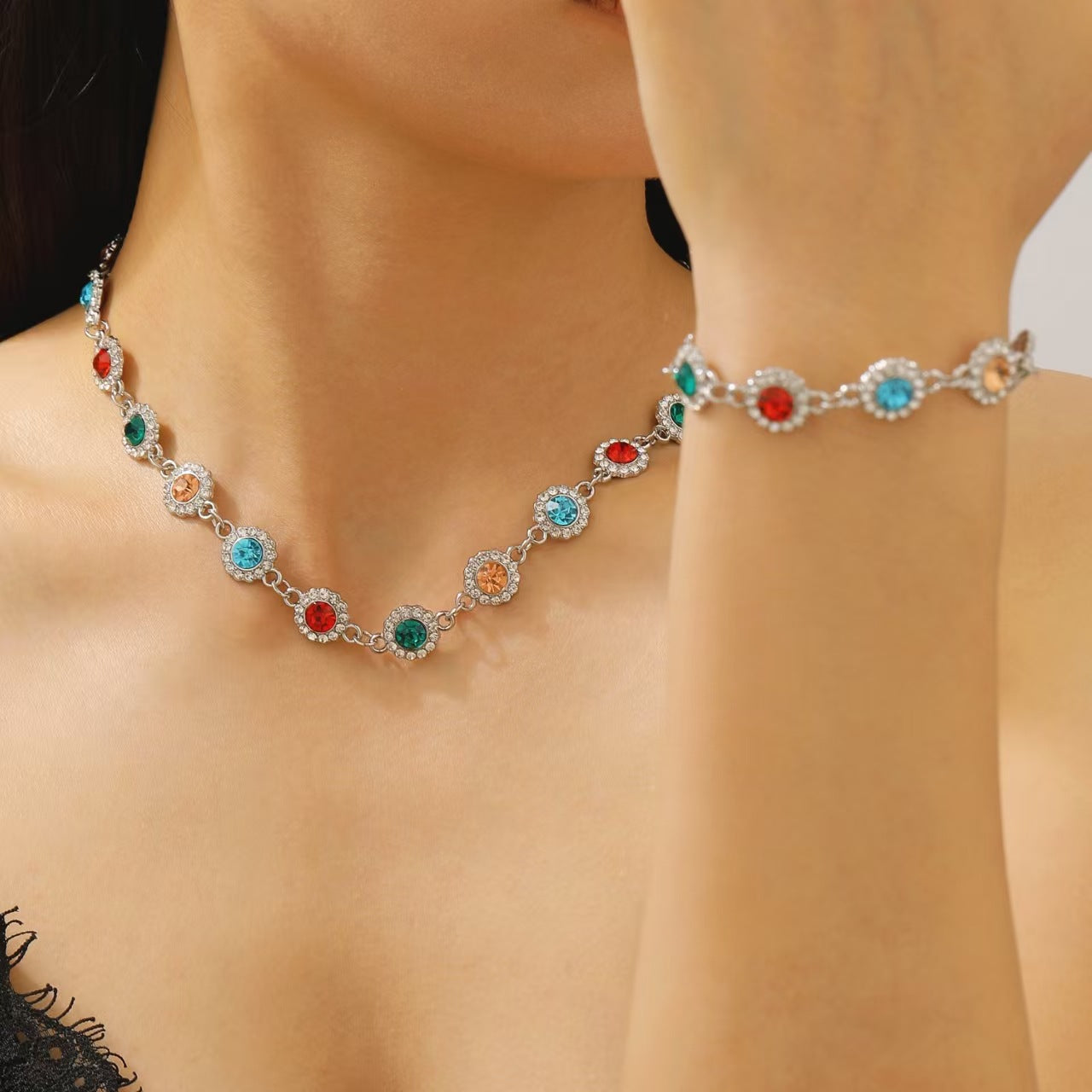 Wholesale French retro color dopamine diamond sunflower necklace